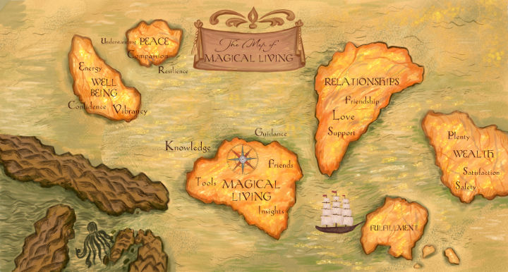 A fantasy style map of islands in an ocean. A boat navigates through. The map is labeled "The map of Magical Living" with each island containing words such as peace, relationships, wealth, well-being, fulfillment, and so on.