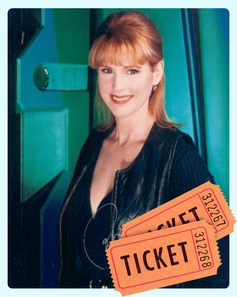 Lyta Alexander smiling with two tickets overlaid on the photo.